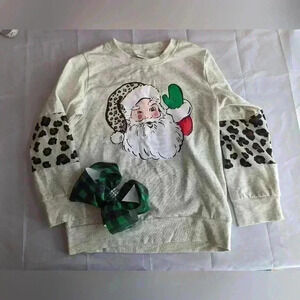 Cheetah Print Long Sleeve Beige Santa Shirt With Bow Clip Girls Size 6